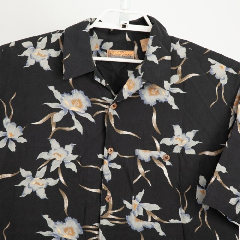 Bobby Chan Silk Button Down Shirt Mens L Black Floral Orchid Short Sleeve Luxury